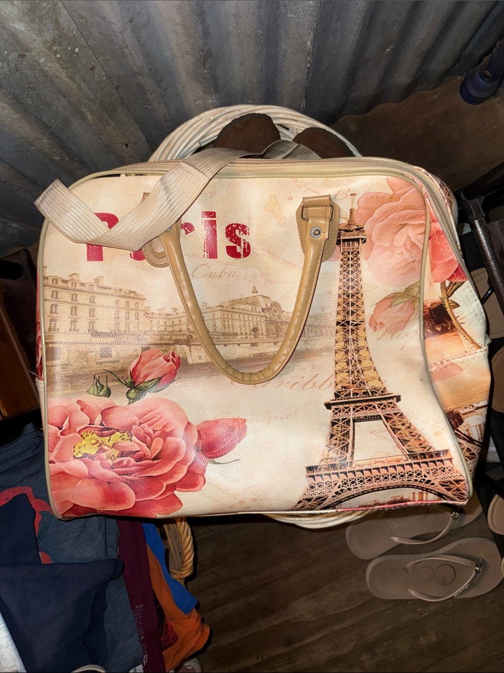 Paris Floral Eiffel Tower Tote Bag in Beige and Pink
